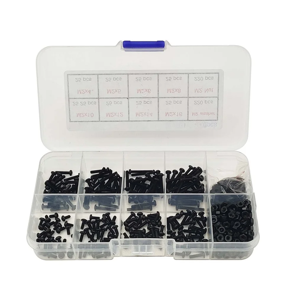 M2 Screw Nut Washer Kit 2mm Hex Socket Screws Compartmentalized Case Blackened Carbon Steel Wear Resistant Finish