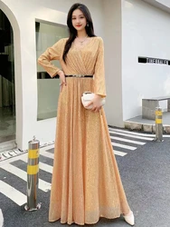 2024 New Spring Autumn Women V-Neck Long Sleeve Belt Slim Long Dress High Quality Fashion Shiny Sequinned Big Hem Elegant Dress