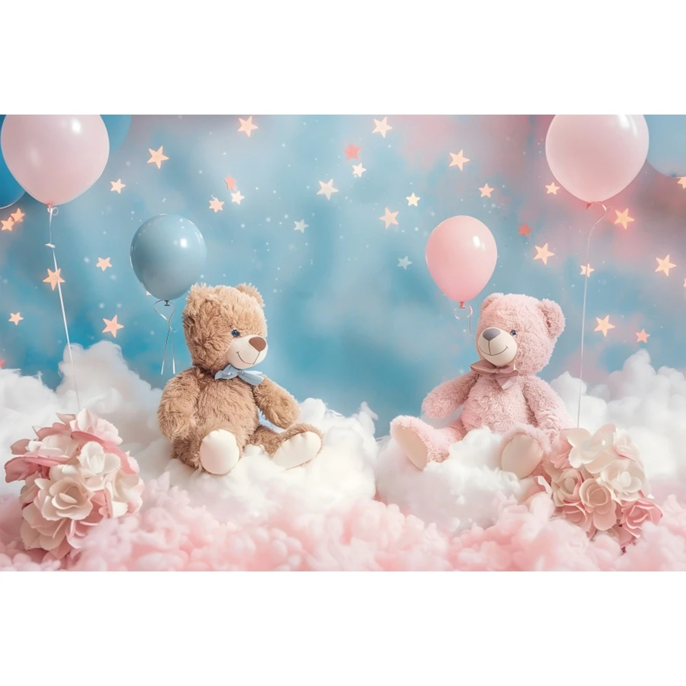 生まれたばかりの赤ちゃんの1歳の誕生日の装飾,写真の背景,青とピンクのクマの雲の風船,ベビーシャワーケーキのスマッシュ,写真の背景