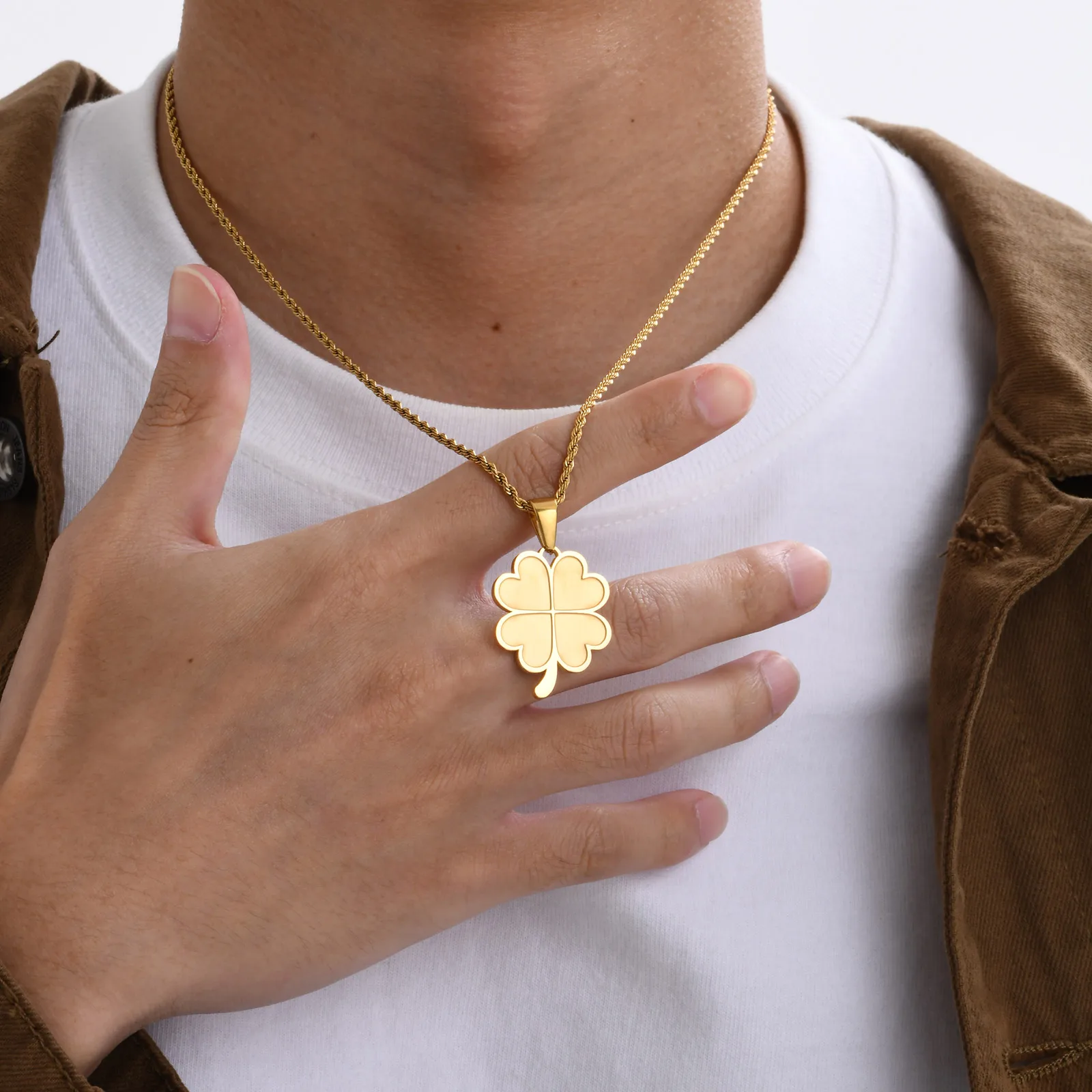 MP Lucky Leaf Necklaces for Men Boys,Stainless Steel Four Leaf Clover Pendant with 50cm/55cm/60cm Rope Chain,Blessing Gift