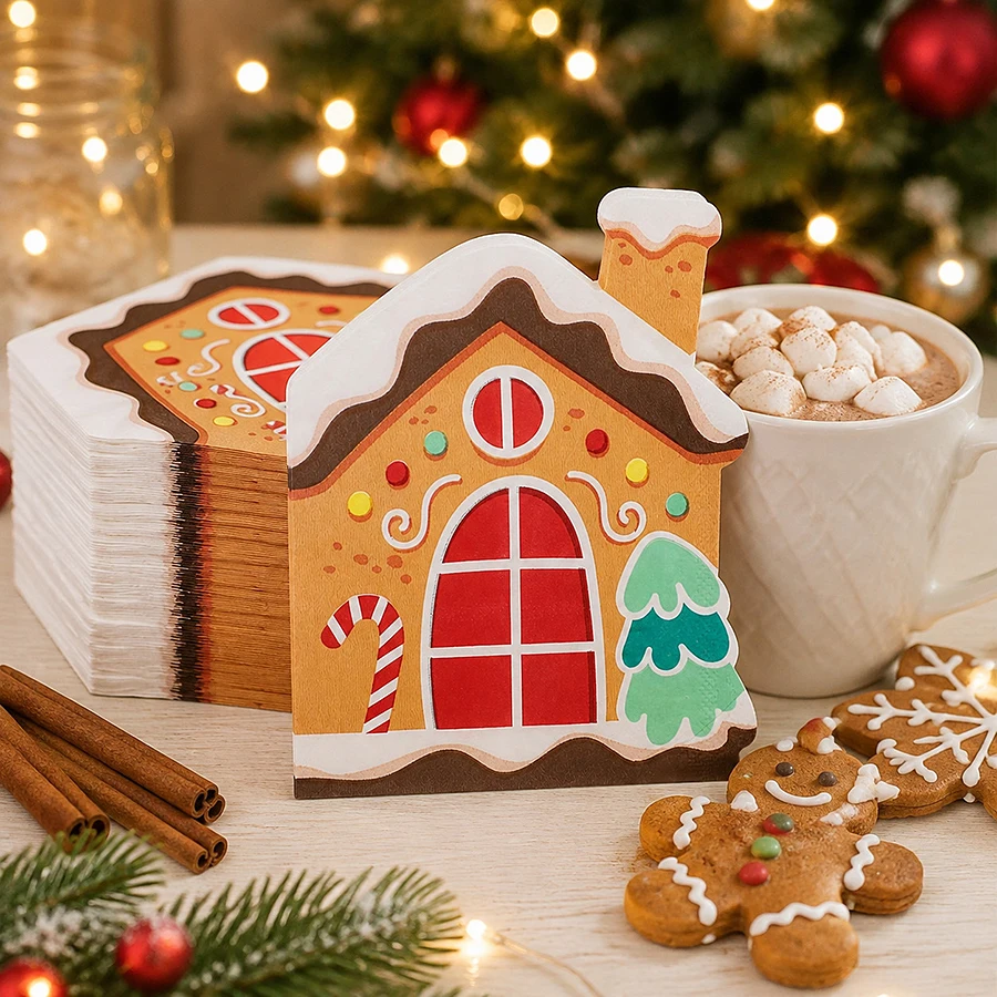 16Pcs Christmas Gingerbread House Shaped Party Napkins Cute Xmas Disposable Napkins Christmas Holiday Table Decoration Tissues