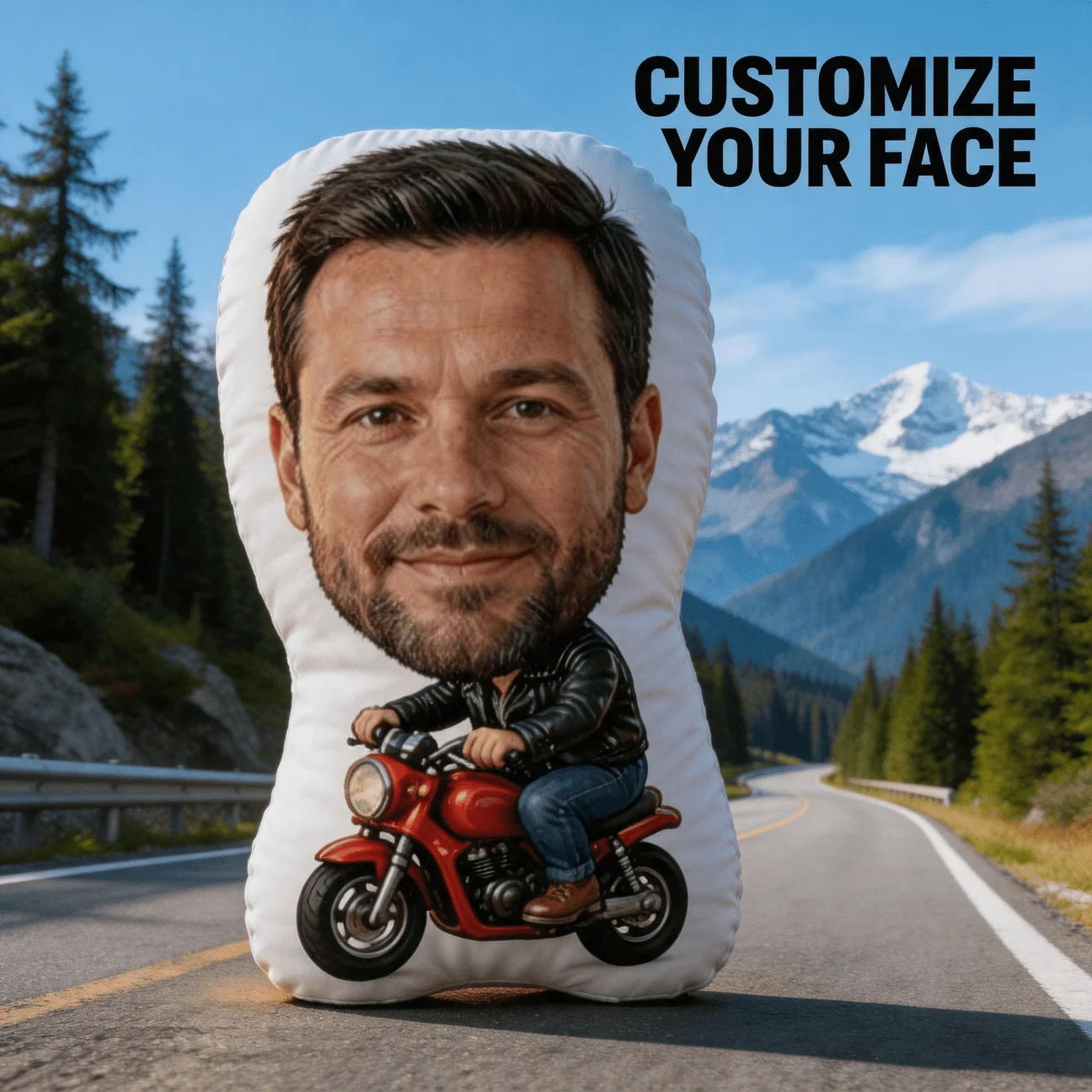 Custom Personalized Photo Face Pillow, for Man Riding Red Motorcycle Custom Shaped Decorative Cushion, Unique Home Decor Accent