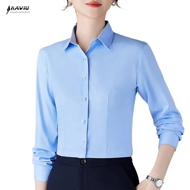 NAVIU Women Shirt Blouses White Blue Shirts Long Sleeve Bluses Female Tops OL Basic New Fashion Elegant Office Ladies Clothing