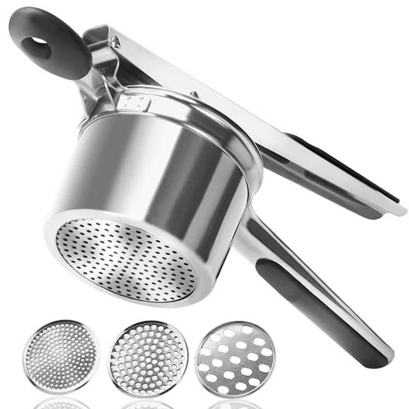 Ricer de patatas, 3 discos intercambiables, triturador de patatas de acero inoxidable para puré de patatas esponjoso, para espaguetis Gnocchi
