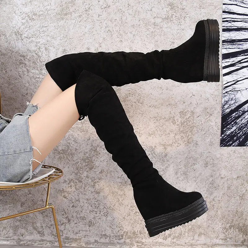 Fujin 12cm Microfiber Leather Platform Wedges Knee High Boot Woman Shoes Fashion Spring Plush Modern Hidden Heel Winter Autumn