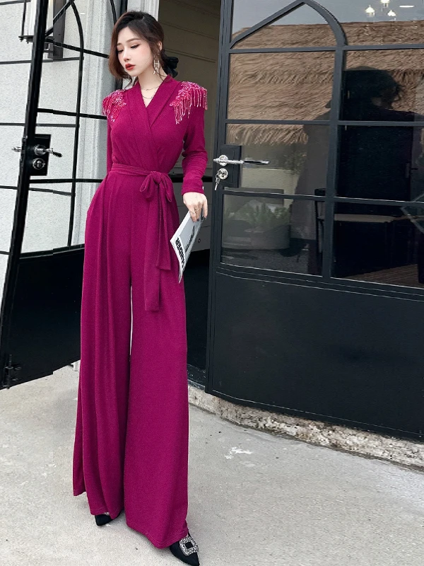 

Spring 2025 Faion High Waist V-Ne-Piece Pants Women's Ele Slimming Luxury Heavy Embroidery Commute Long Pants