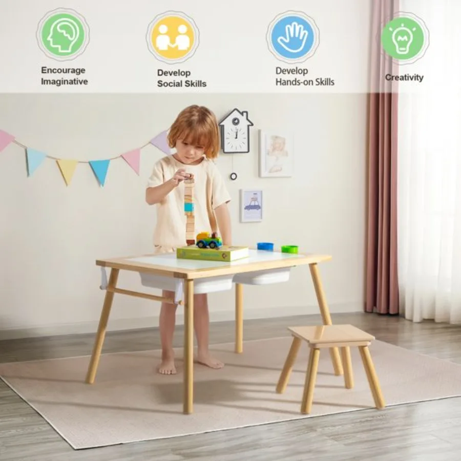 โต๊ะสัมผัสพร้อมสตูล โต๊ะกิจกรรมพร้อมถังเก็บของ 2 ใบ และที่ใส่ปากกา 2 ชิ้น และโต๊ะเด็กเล็กมัลติฟังก์ชั่นแบบม้วนกระดาษสำหรับ
