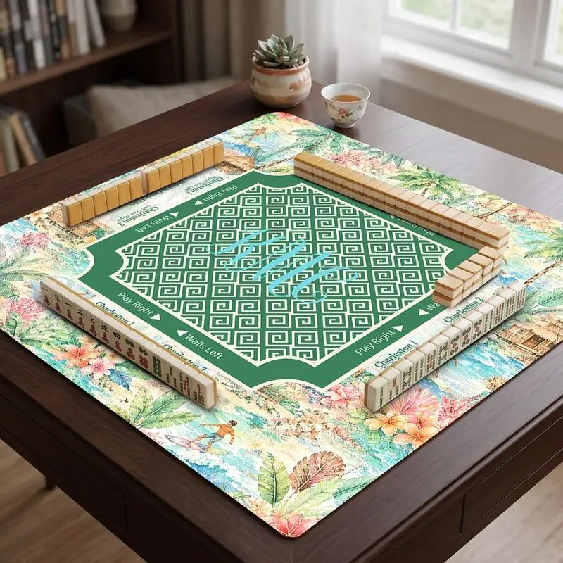 VIKAMA Tropical Island Palm Mahjong Mat Multi Rule Zoned Non Slip Vacation Style American Mahjong Table Pad