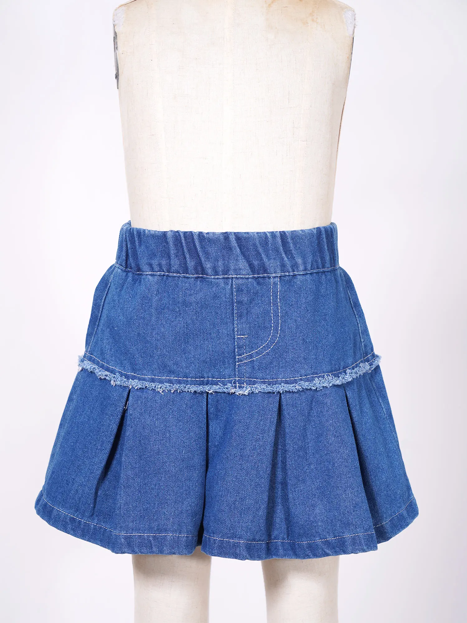 Kids Girls Fashion Pleated Denim Skirts Casual Elastic Waistband A-Line Flared Jean Skirt with Built-In Shorts Children 5-16 Yrs