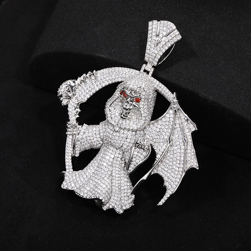 Hip Hop 5A+ CZ Stone Paved Bling Iced Out Sickle Death Pendants Necklace for Men Rapper Jewelry Silver Color