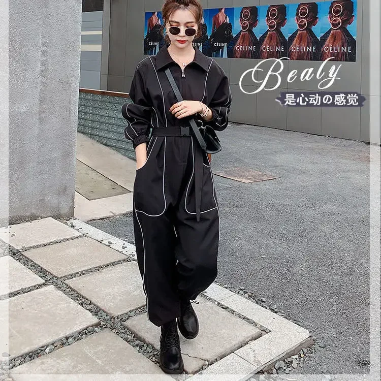 Spring Autumn New Personality Reflective Loose Waist Show Thin Foot Tie Suit Women's Harlan Version Jumpsuit Ladies Jumpsuits