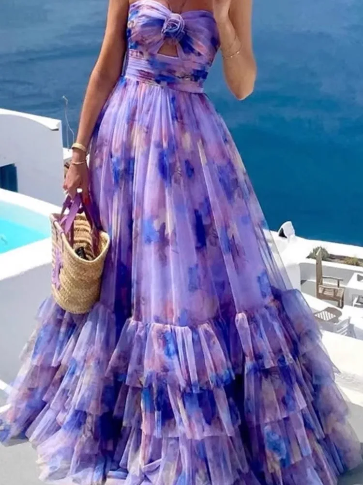 Layered Mesh Printed Dresses Women's Evening Party Dress Halter Neck Off Shoulder High Waist Holiday Banquet Long Vestidos New