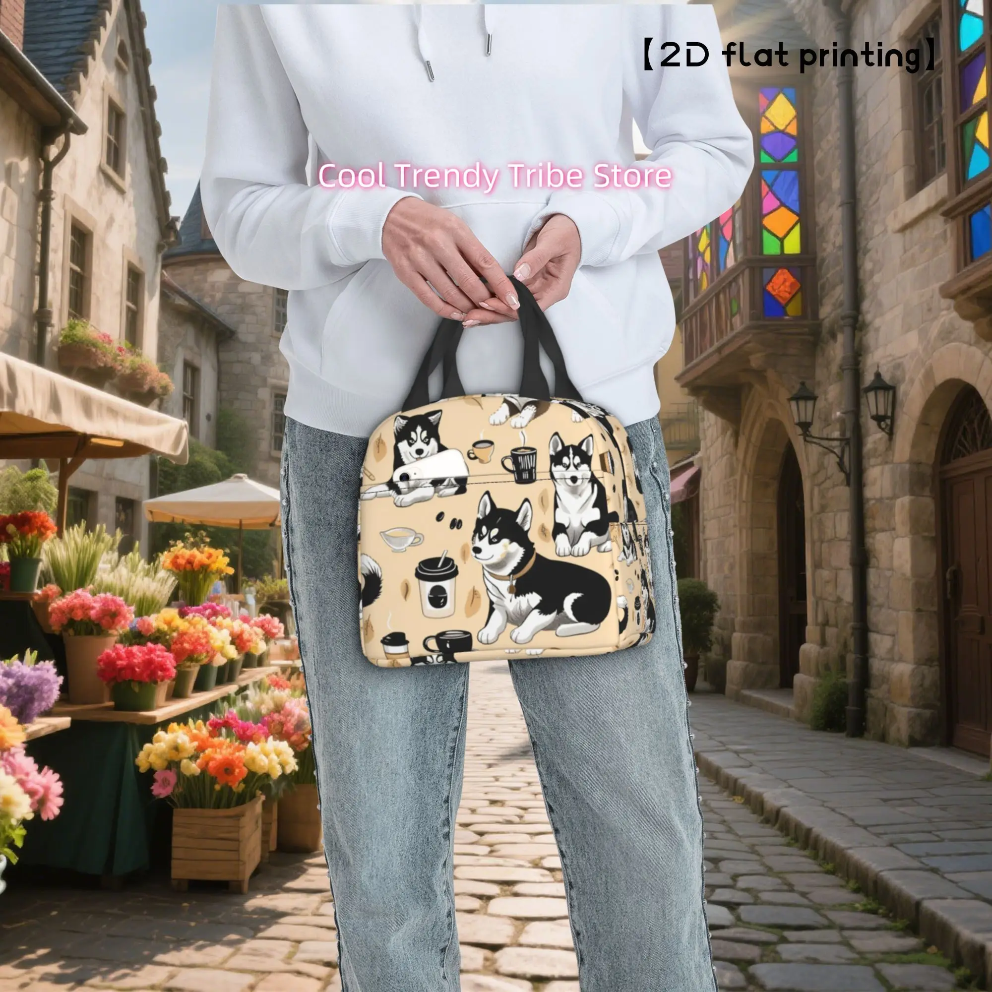 1pc Husky Coffee Theme Insulated Lunch Bag - Reusable, Portable Cooler with Stylish Dog & Coffee Design, Ideal for Office, Beach