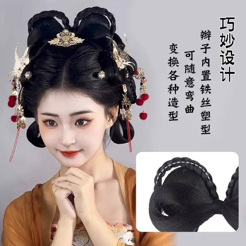 Zestaw do włosów 2w1 w stylu dynastii Tang i Ming - Gotowy kok motylkowy z podstawką do kostiumów Hanfu, akcesorium do włosów w stylu starożytnym, bez umiejętności.