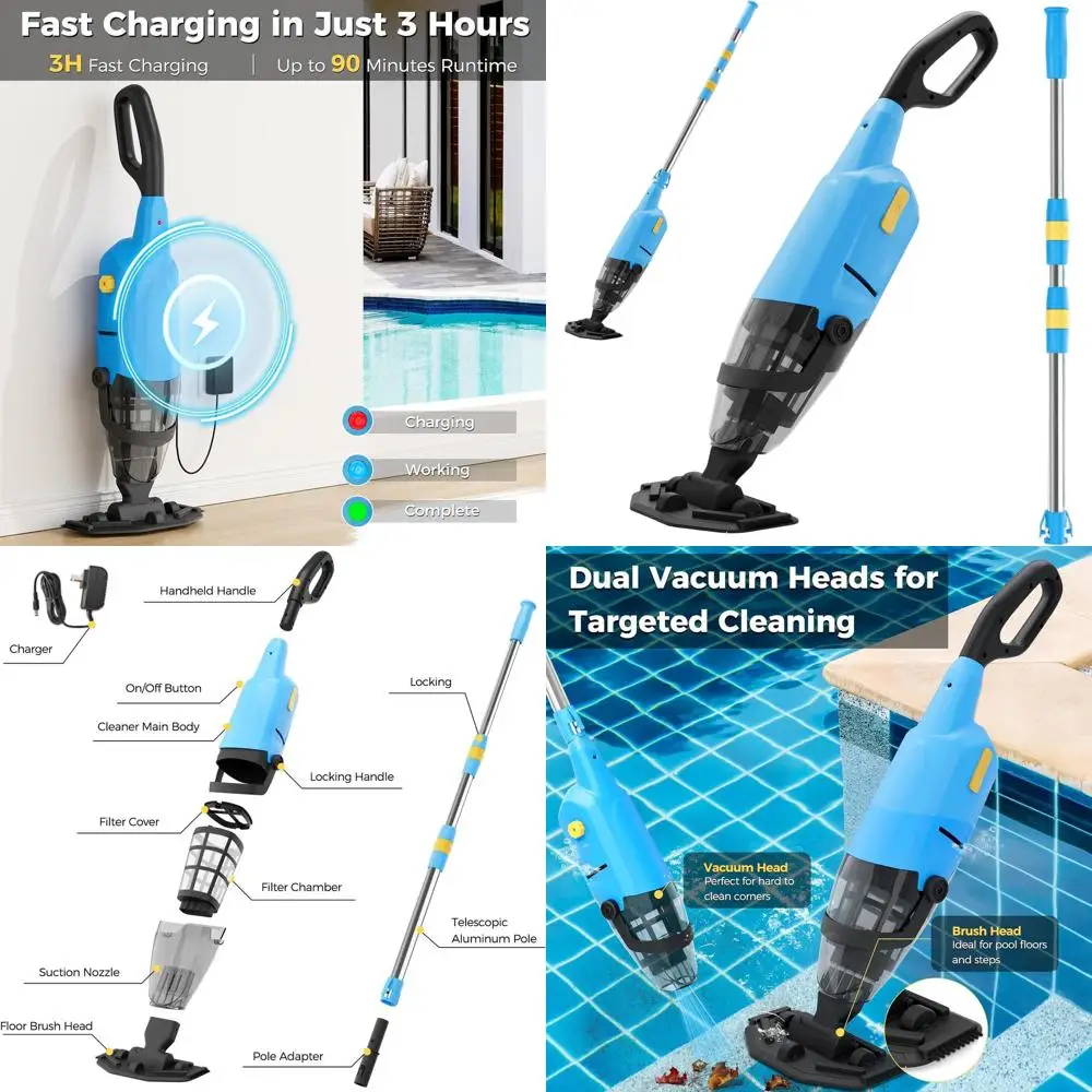 

Rechargeable Above Ground Pool Vacuum with 69 Pole, 20 GPM, 90 Mins Use, Great for Pools, Spas, and Debris Removal