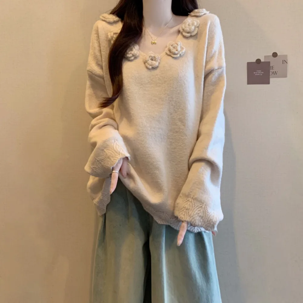 

Women long sleeve V-neck floral loose Elegant Chic French sweater Plus Size Clothing women clothing