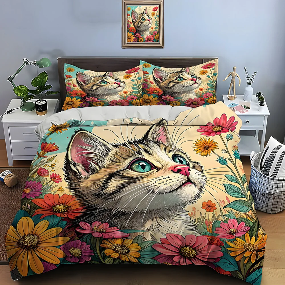 3PCS Cat with vibrant flower field Pattern Duvet Cover Set Digital Print Polyester Bedding with Zipper Closur for kids gifts