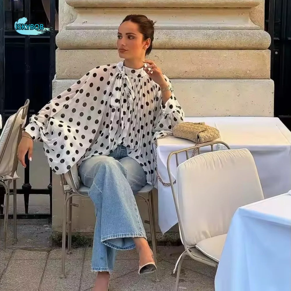 

Элегантная блузка с рукавами-фонариками в горошек, свободного кроя, с длинными рукавами, на шнуровке, плиссированная, из дышащего шифона, для офиса