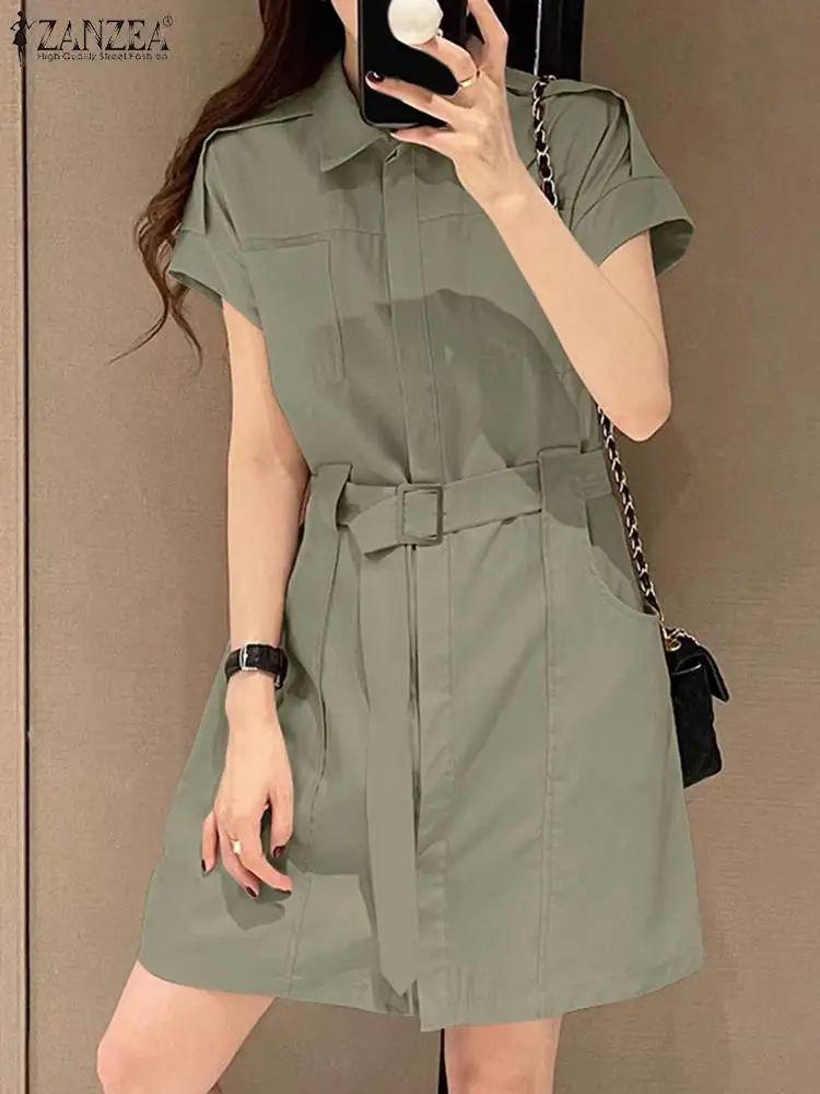 

ZANZEA Summer Short Sleeve Lapel Neck Shirtdress Fashion OL Work Dress Woman Female Casual Street Knee Length Robe Oversized