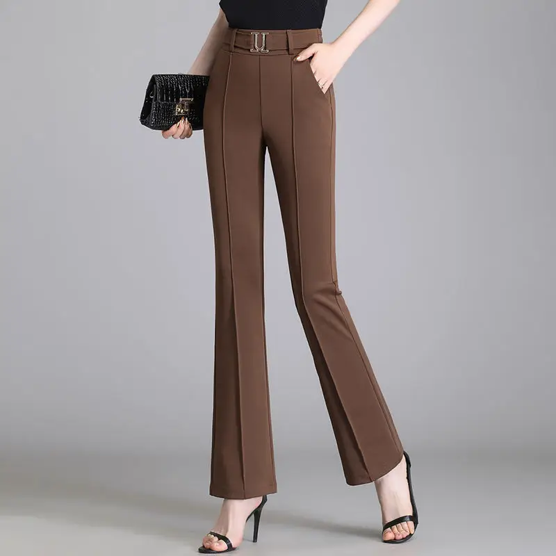 

Pocket Patchwork Solid Color Flare Pants Elastic Waist Temperament Fashion Casual Slim Office Lady Simplicity Women's Clothing