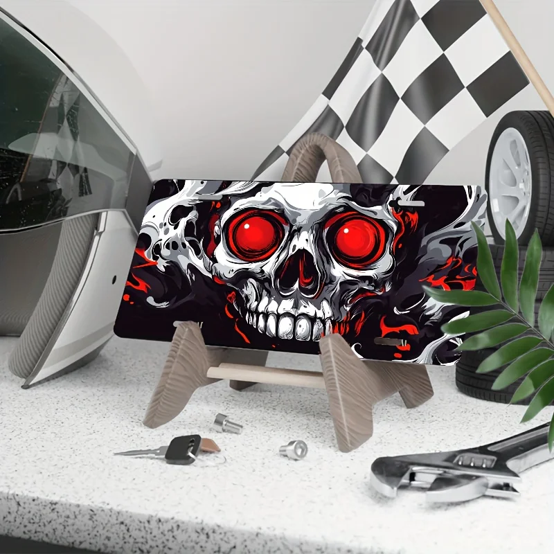 2D Flat, Red-Eyed Skull Front-Mounted License Plate Cover with 2D Flat Car Plate Frame and Decoration, Suitable for Men and Wome