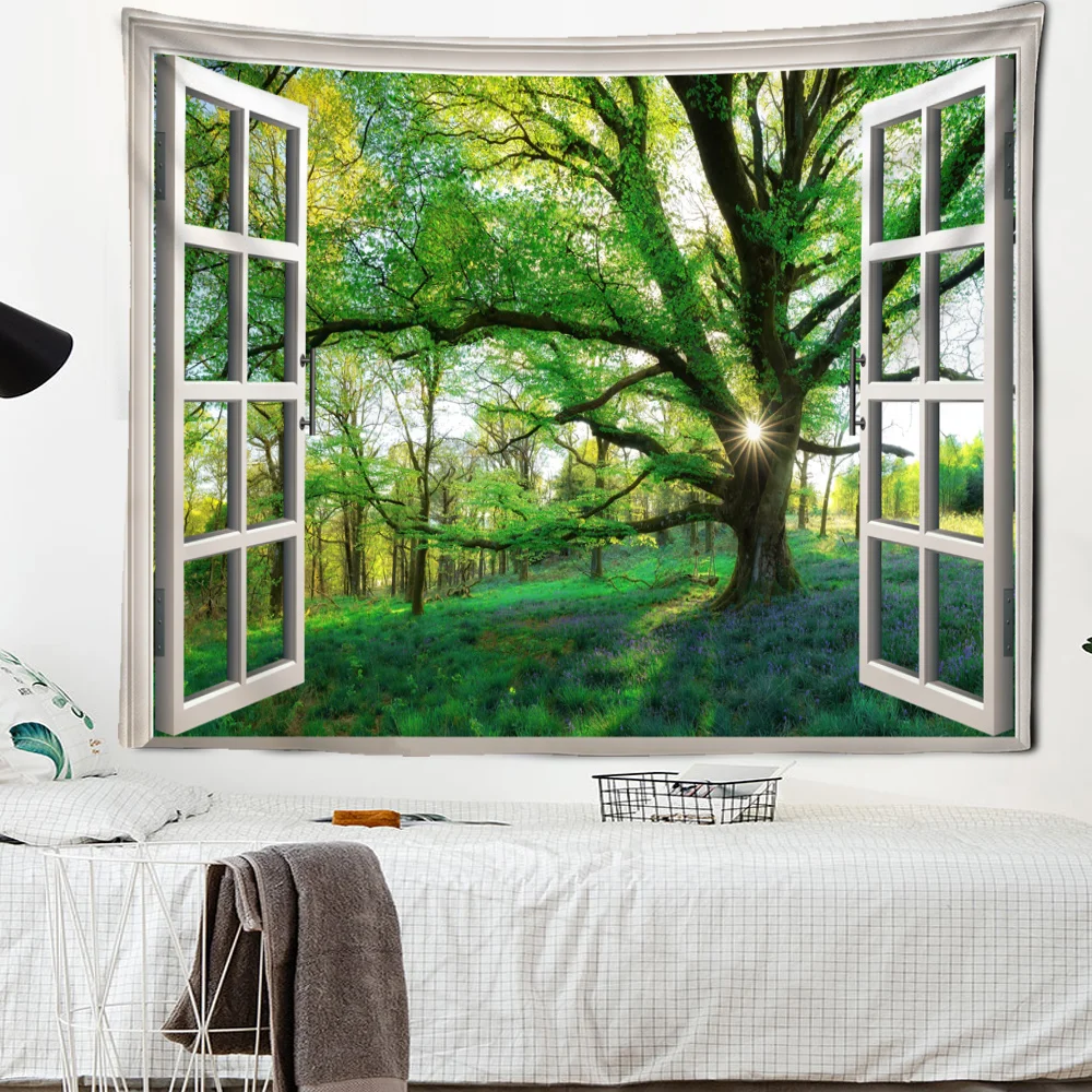 Beach Forest Imitation window Print Tapestry Hanging landscape style home bedroom decoration tapestry on the seawall at sunrise