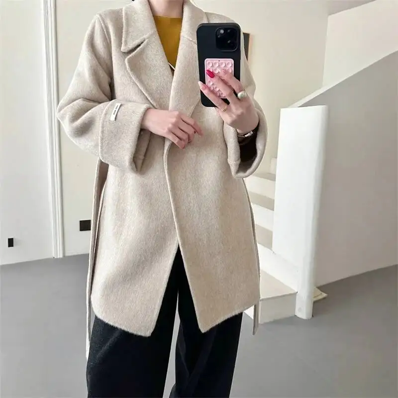 FANAN Simple Blazer Collar Tie-waist Double-sided Women's Wool Coat Short Two-tone Loose-fitting Versatile Woolen Jacket