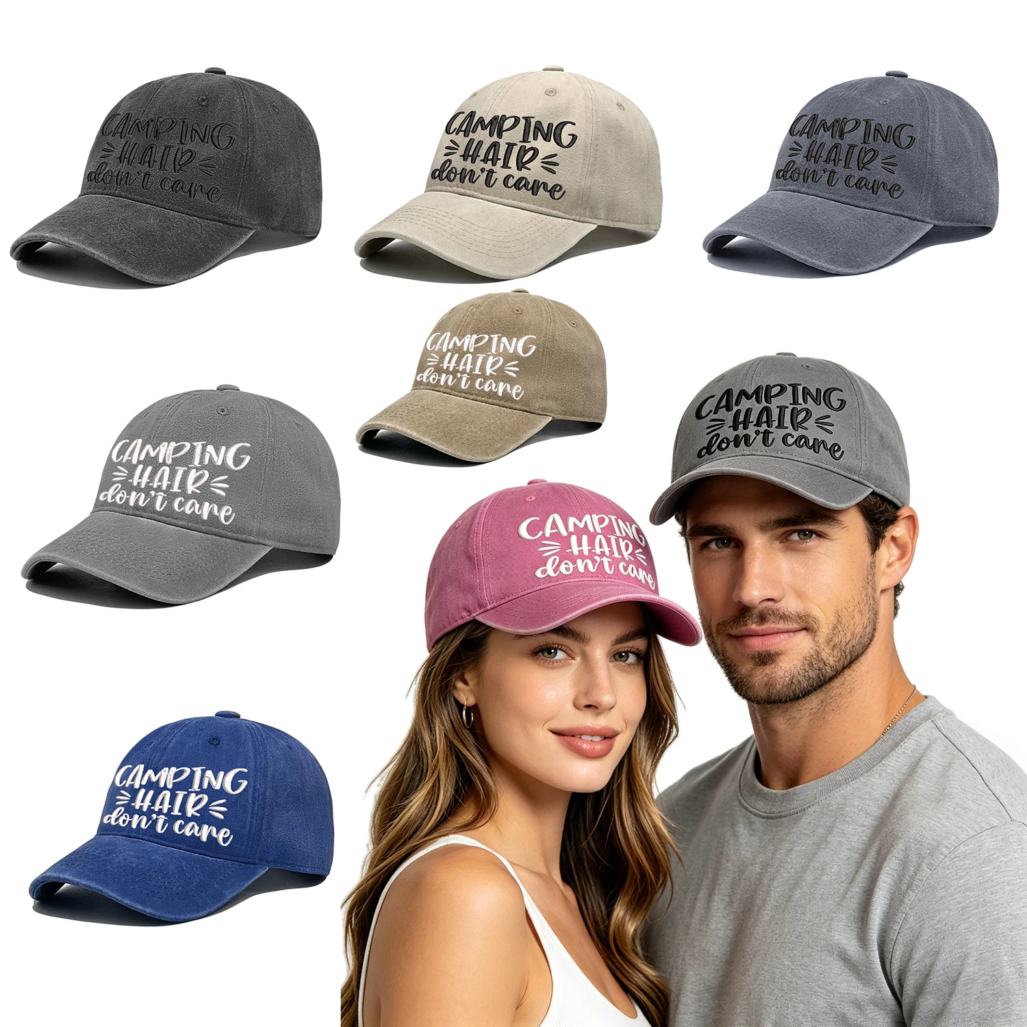 Women Men Camping Hair Don't Care Baseball Cap Vintage Washed Cotton Dad Hat Casual Outdoor Travel Adjustable Snapback Hat-60511