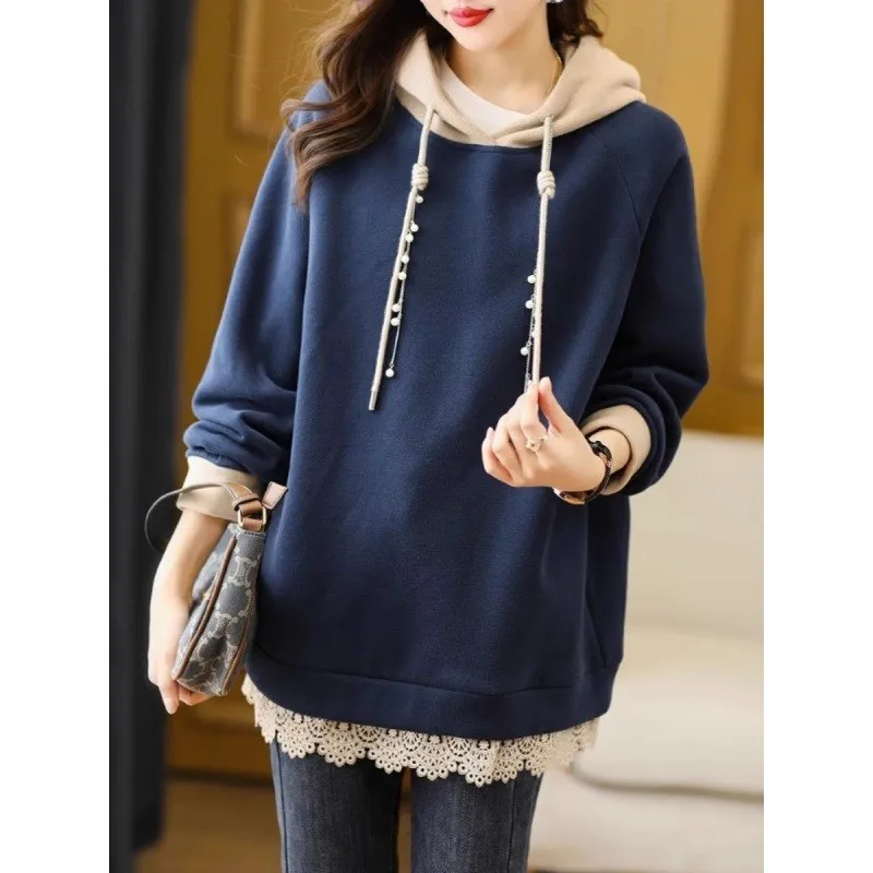 

plus Size Patchwork Hooded Sweatshirt Jacket Women's Autumn W Fleece Lined Zip up Casual Outerwear Fashionable Fly Sleeve