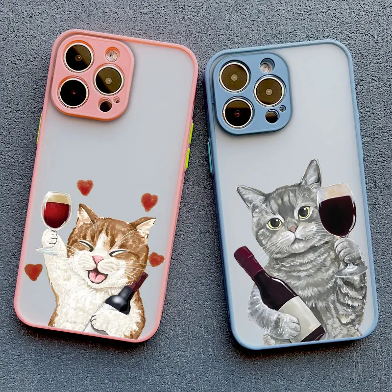 Cute Happy Cat Goblet Red Wine Phone Case For iPhone 15 14 13 Pro Max 16 13 12 11 Pro Max Mini 7 8 15 14 Plus X XS XR Back Cover