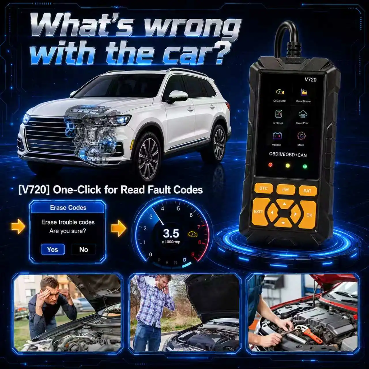 2026 V720 Automotive OBD2 Scanner Tool Car Diagnostic Engine Health Check with Color Screen