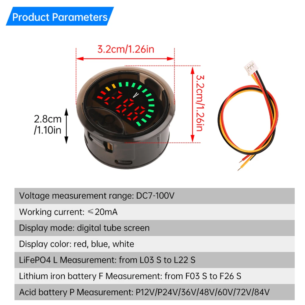 3-Wire Digital Voltage Capacity Indicator DC7-100V Voltmeter Power Off Memory Low Voltage Alarm Lithium Iron Acid Battery Monito