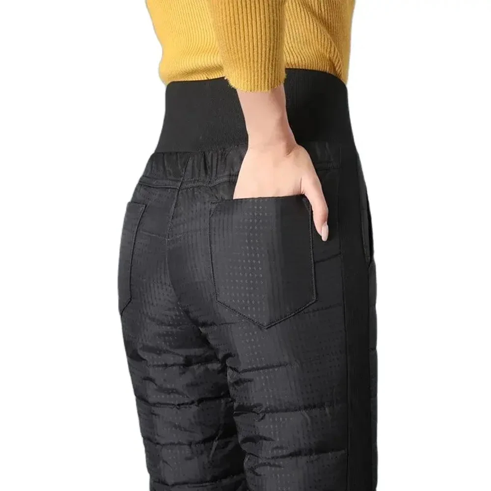 Women Down Pants High Waist Winter Thicken Super Warm Elastic Band Mother Slimming Pencil Feet Trousers Plus Size Waterproof