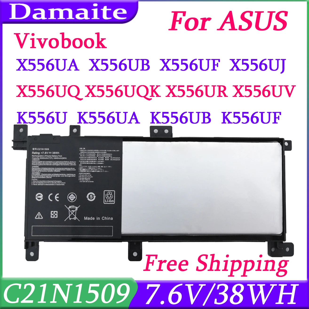 C21N1509 7.6V 37WH Laptop Battery For Asus X556U X556UA X556UB X556UJ X556UQ X556UV A556U F556U VM591U K556U R5 FL5900U