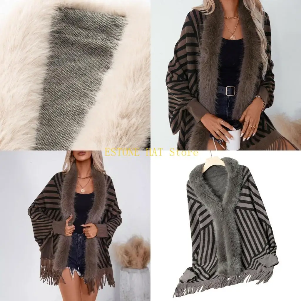 49mf-women's-cardigan-sweaters-sleeve-shrug-shawl-knit-striped-open-front-furry-collar-tassels-ponchos-cloak-coverup