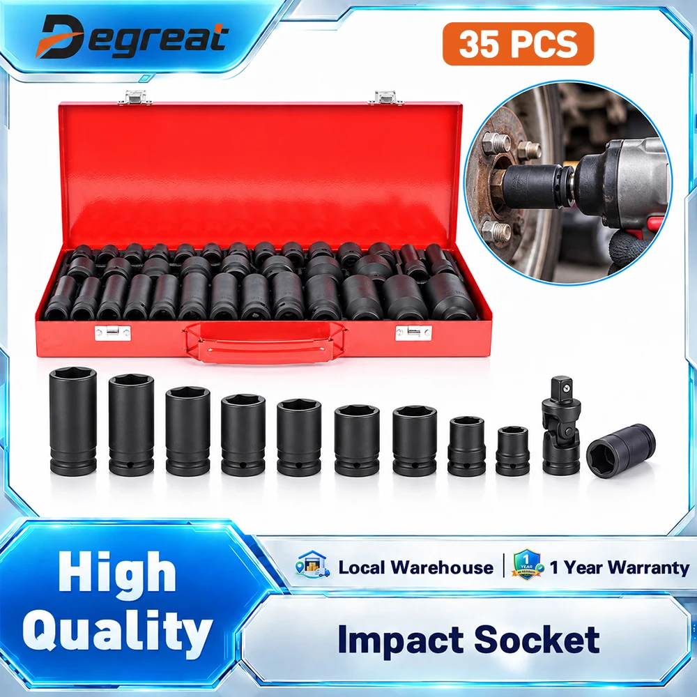Image of Degreat 35-teiliger 1/2"-Antrieb Tiefen-Schlagschraubenschlüsselsatz 6-Punkt-Steckschlüssel Spindel-Achsmutter Garage Werkstatt Auto LKW Reparatur Handwerkzeuge 8-32MM