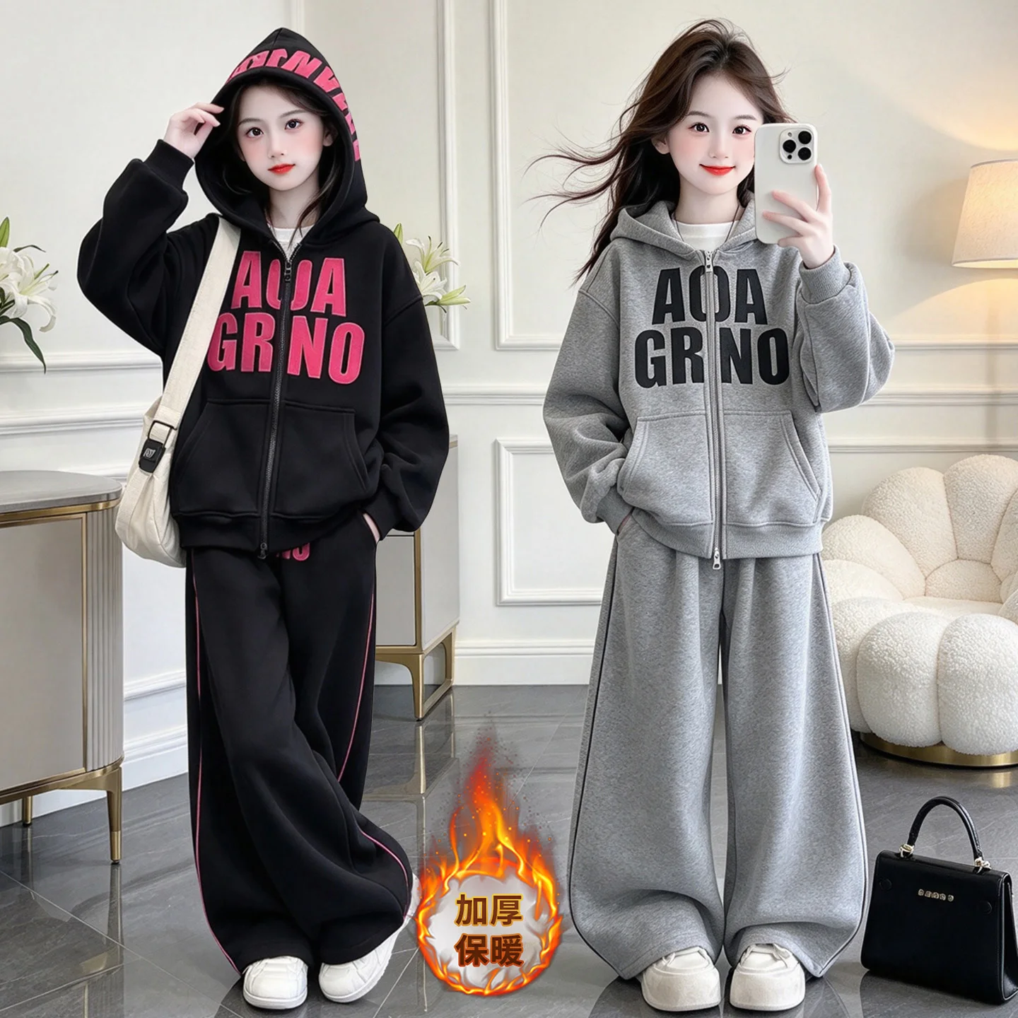 winter teenager girls sport clothes set Hooded zipper jacket+wide-leg pants 2pcs junior kid suit children sweatsuit outfits 4-14
