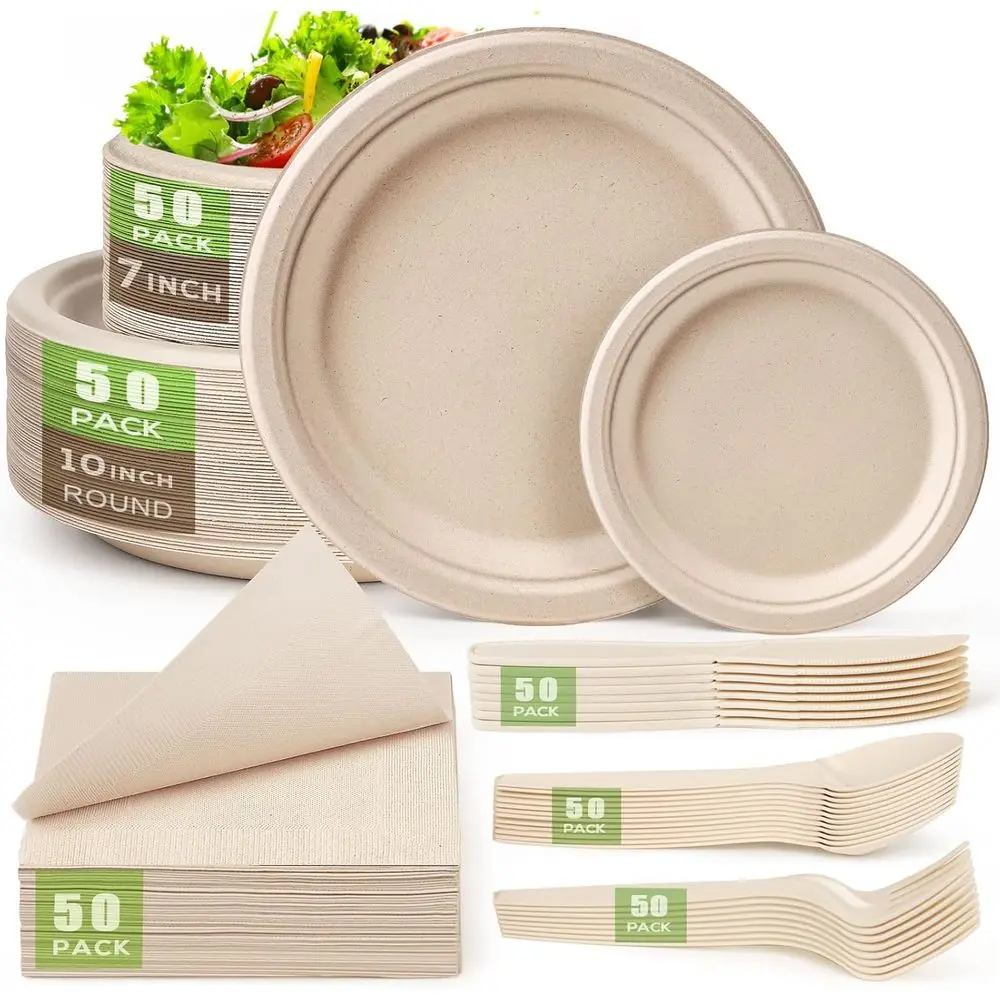 

Набор компостируемых бумажных тарелок, 300 штук, одноразовые тарелки 10 дюймов, экологичные бумажные тарелки, прочные столовые приборы и салфетки для