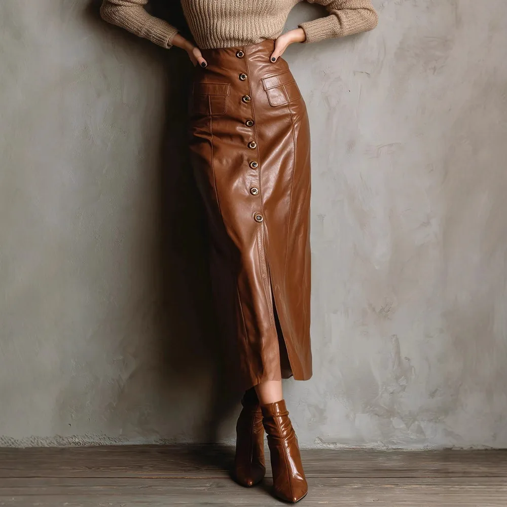 

Vintage Buttons Split Midi Pu Leather Long Skirt Women Brown High Waisted A Line Pencil Skirts Women Hip Slit Spring Autumn