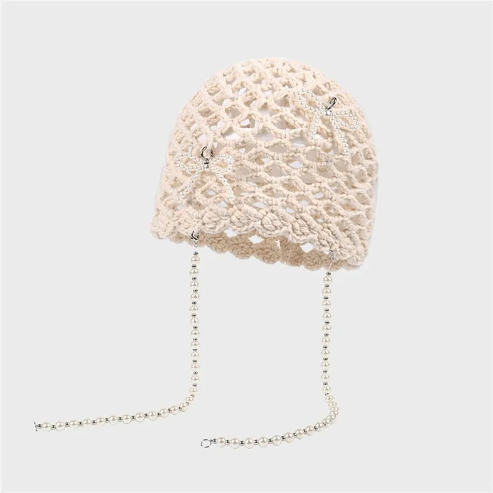 

Casual Pearl Tassels Crochet Knitted Hat Bohemian Style Hollow Out Bow Pearl Beanies Thin Korean Ethnic Style Hat Outdoor