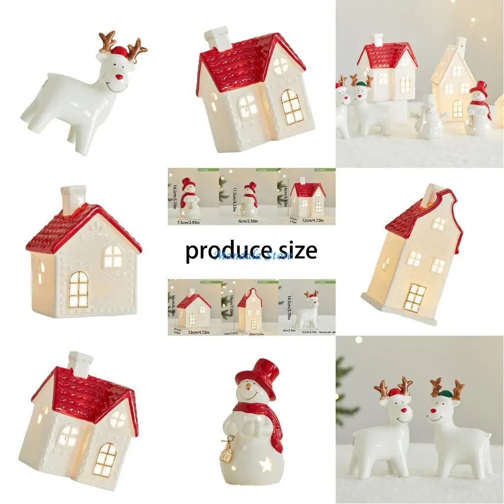 

U2JC Ceramic Winter Village House Glowing Decors for Christmas Home Shelf Accent Gift