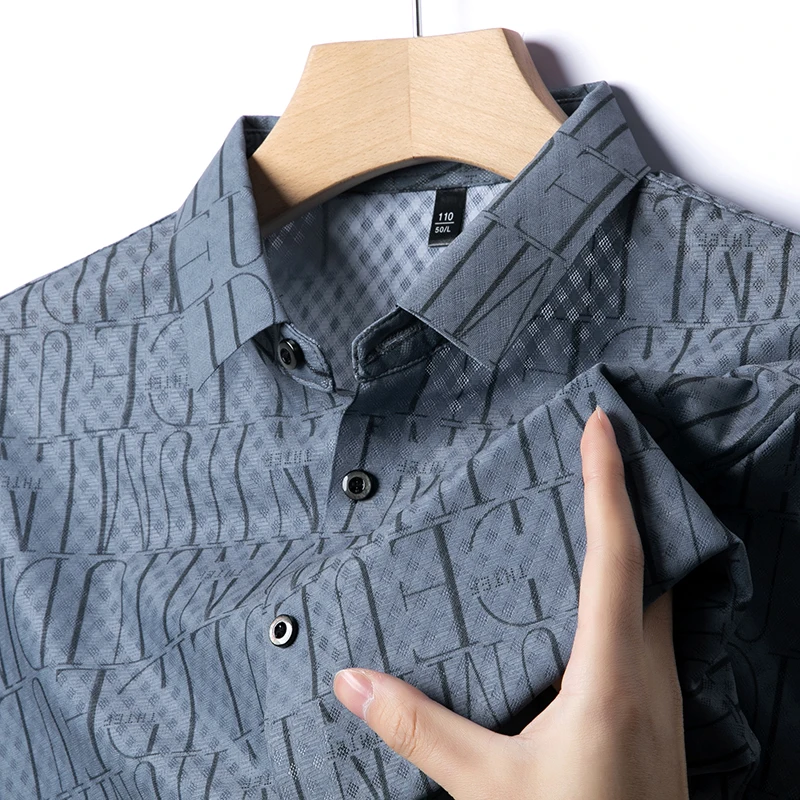 High-end Summer Korean Quality Lapel Shirt Short-sleeved Printed Designer Cool Seamless Men\'s Fashion Business Casualjavascript: