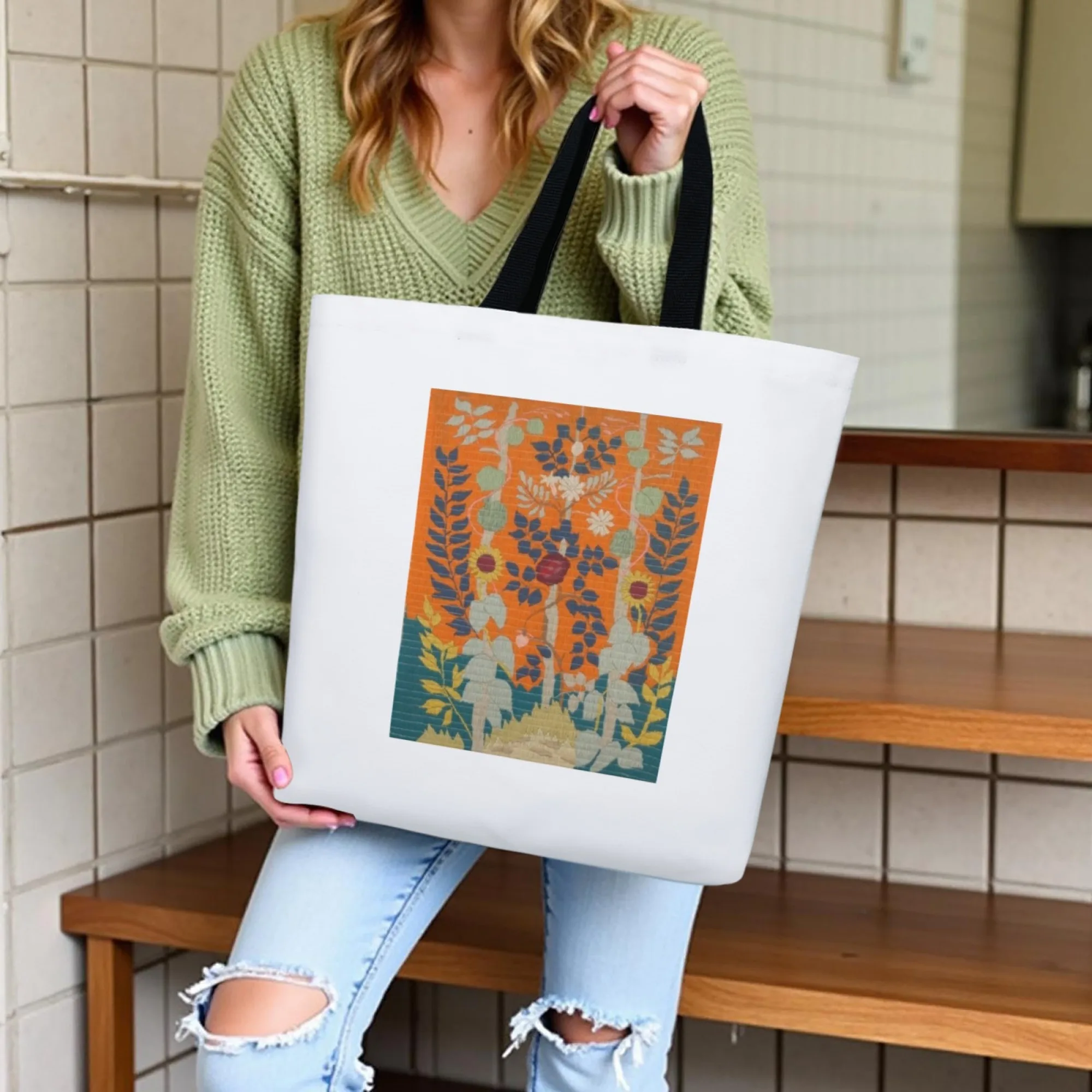 Women's Retro Floral & Plant Canvas Tote Bag Art Deco Style Shoulder Bag Eco Reusable Shopping Bag for Daily Use Shopping