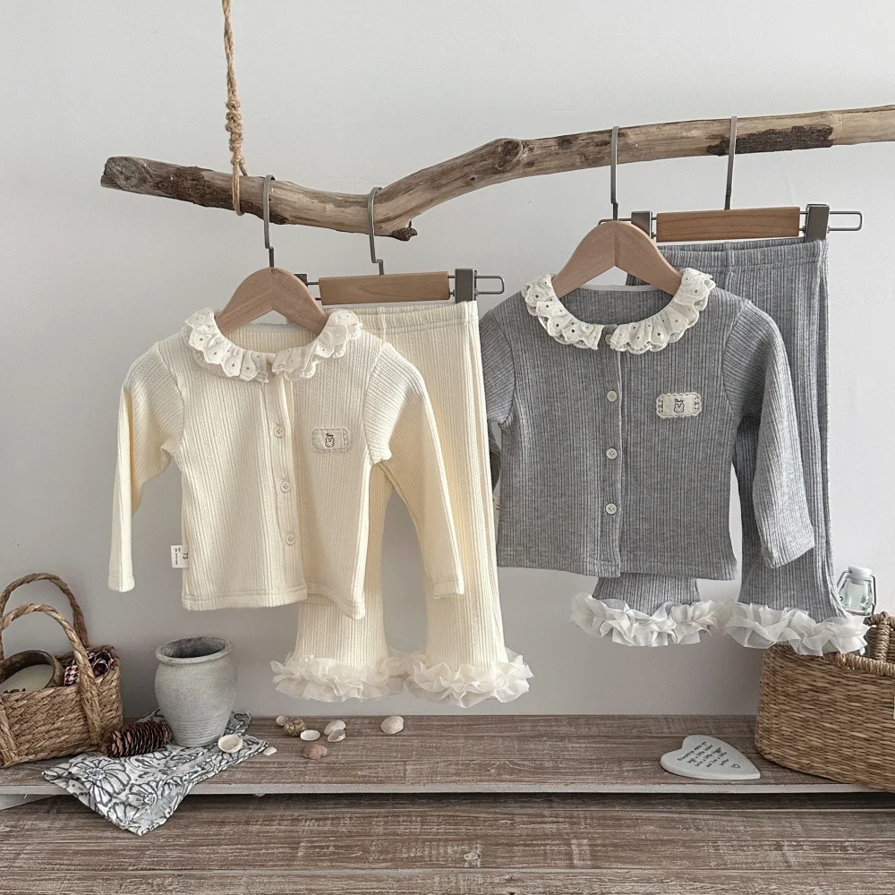 2026 Autumn Baby Long Sleeve Clothing Sets 6M-3T Girls Lace Collar Cardigan+Ruffle Pants 2Pcs Suit Toddler Kids Cotton Outfits