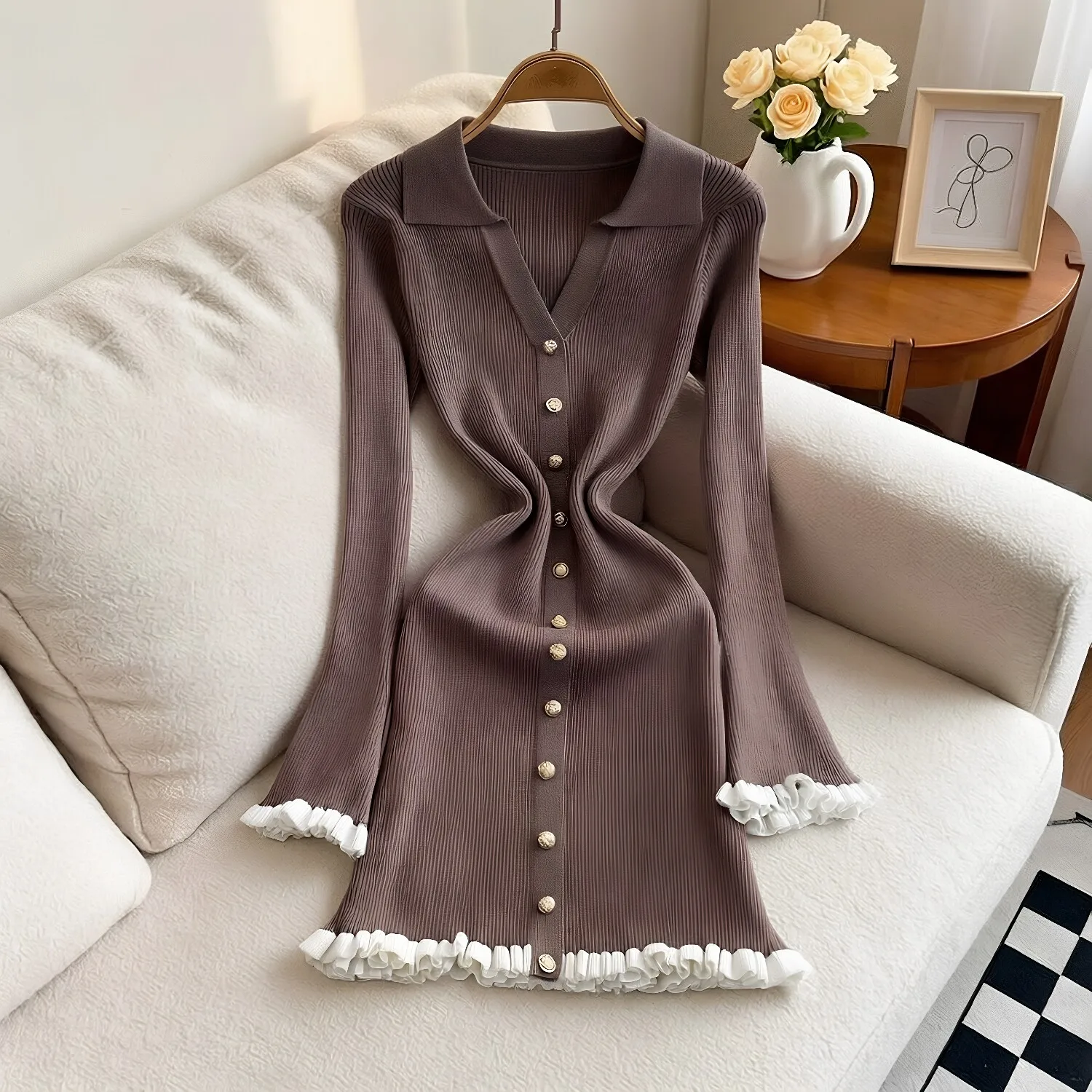 YuooMuoo Schickes Modisches Sexy Figurbetontes Strick-Minikleid 2026 Herbst Winter Vintage Gerüschtes Hemdkleid Damen Party Vestidos – Detail 11
