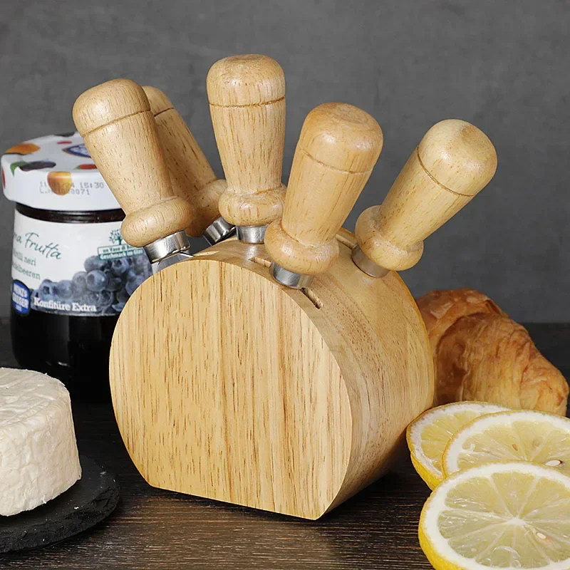 

1 Set Stainless Steel Cheese Butter Spatula 5 Pieces of Rubber Wooden Knife Gifts Kitchen Tools Tableware