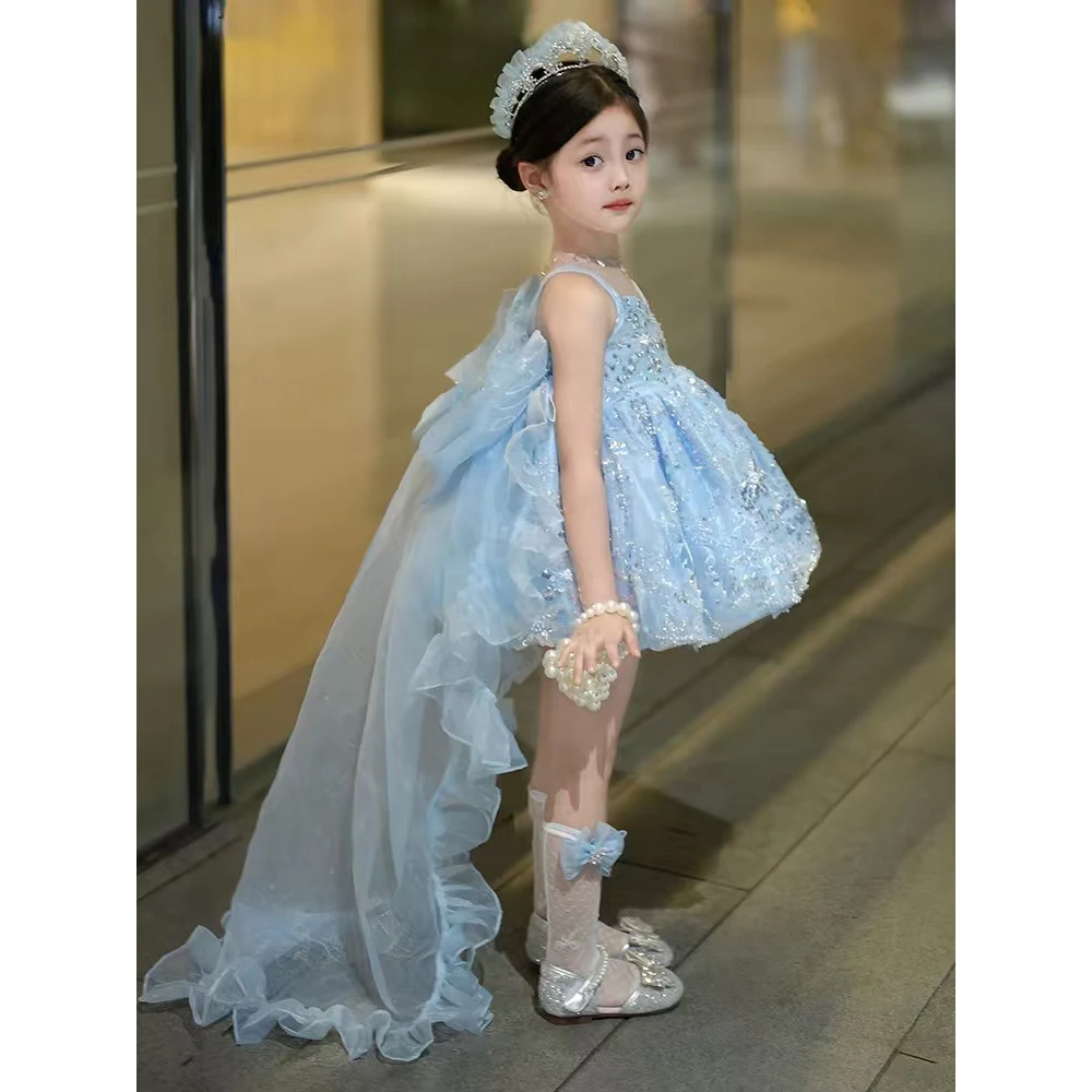

Summer Girls Korea Birthday Lace Blue Cute Shiny Wedding Ball Gown Bow Party Dress Princess Floral Baby Children Lolita Skirts
