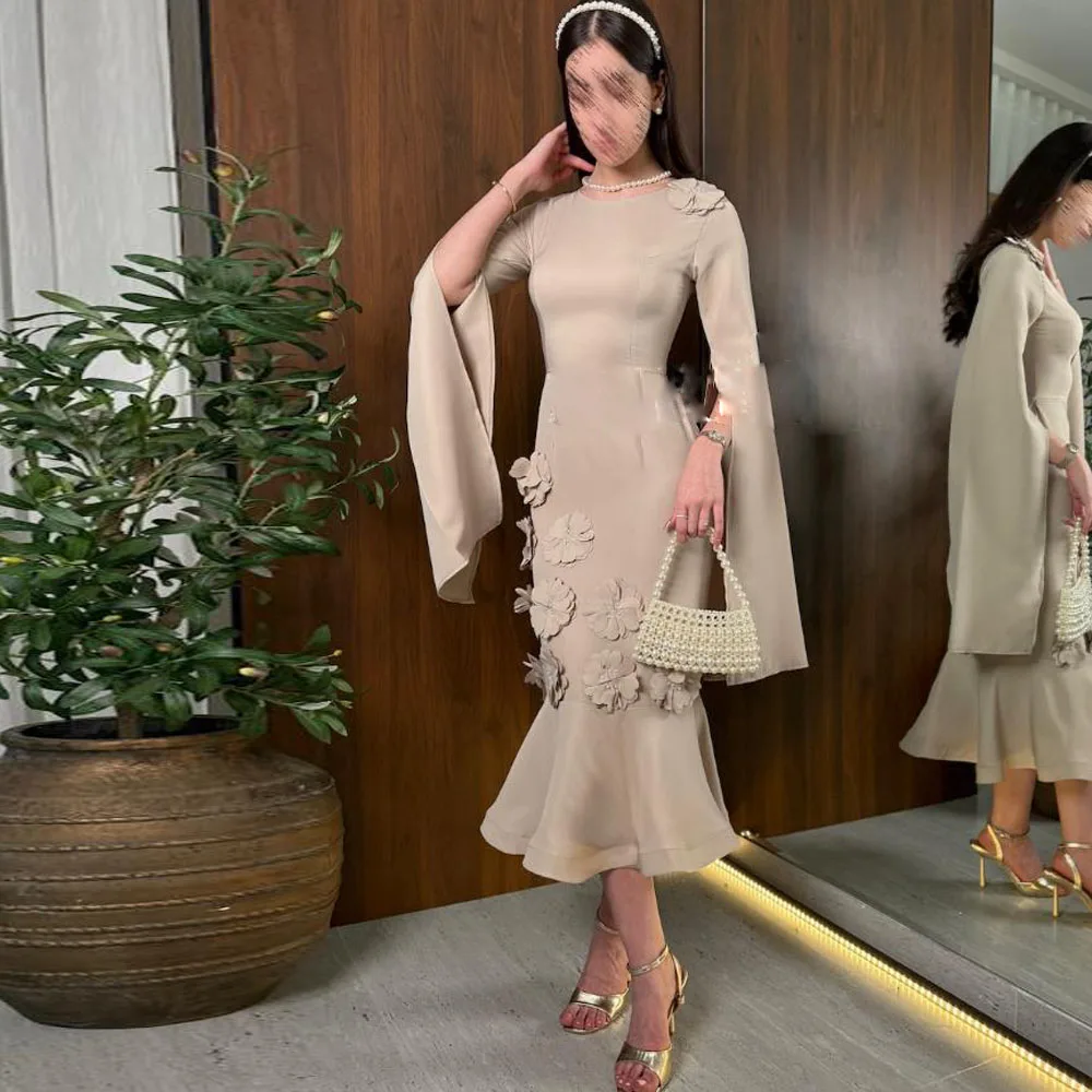 

Customized Bodycon Dress With Long Open Sleeves O Neck Ruffles Hem Tea Length Prom Dress Flower Satin Evening Party Gown