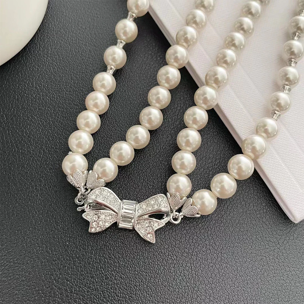 To Reines Crystal Bow Double Pearl Luxury Necklace Woman Quality Jewelry Trendy Design Attractive Girlfriend Anniversary Gift image 4