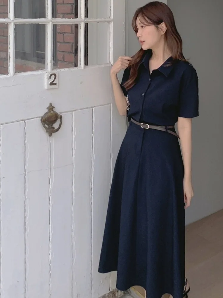 

Ele irt Sle ort Sve Dr Women's Summer New Retro Waist Cinching Long Dr with Belt Commute Pure E-commerce